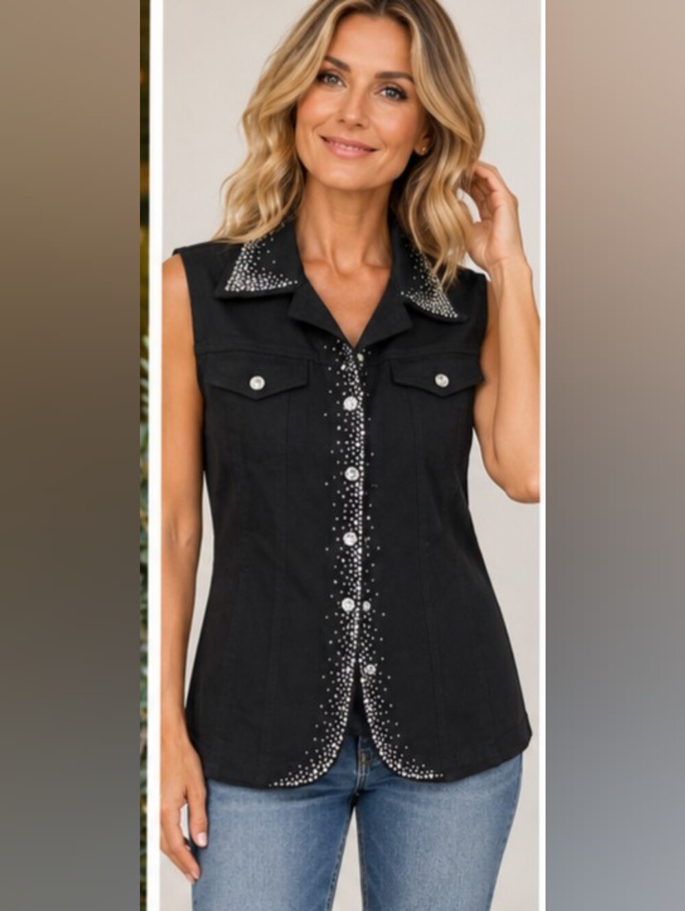 Christine Alexander Black Rhinestone Button Front Collared Vest Pockets L